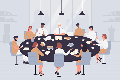 Negotiation table vector illustration. Cartoon politicians, directors or corporate leaders people negotiate, sitting at circle table in office conference hall, boardroom or meeting room background