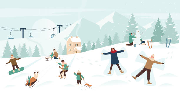 illustrazioni stock, clip art, cartoni animati e icone di tendenza di le persone amano gli sport invernali sul paesaggio montano di natale sulla neve - skiing family winter snow