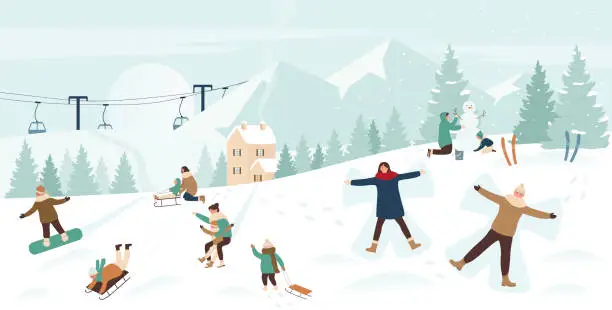 Vector illustration of People enjoy winter sports on snow xmas mountain landscape