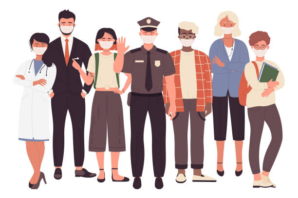 People different professions with face protective masks People different professions with face masks vector illustration. Cartoon professional characters team wearing protective masks, standing together, corona virus outbreak concept isolated on white frontline worker mask stock illustrations