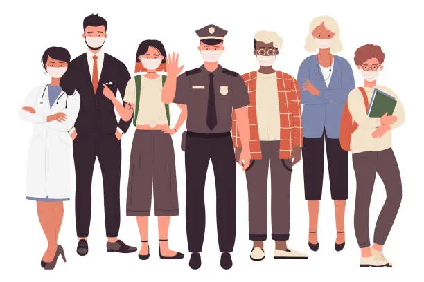 Vector illustration of People different professions with face protective masks