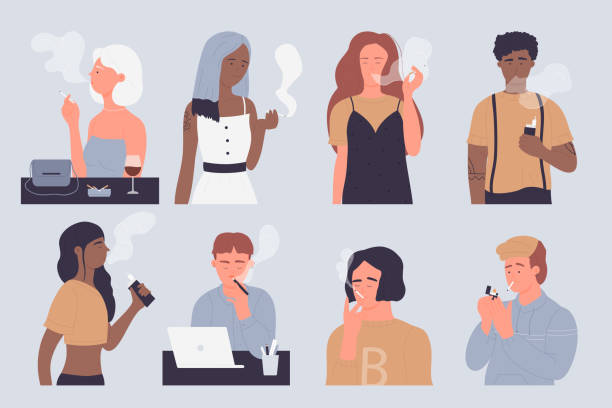 People smoke cigarette tobacco or vape, addict smokers set People smoke vector illustration set. Cartoon young man woman smoker addict characters smoking cigarette tobacco or electronic vape at office workplace or bar, unhealthy habit addiction background smoke physical structure stock illustrations