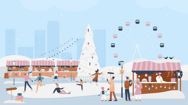 People celebrate Christmas winter season in xmas market People celebrate Christmas winter festive season in xmas market fair vector illustration. Cartoon man woman characters have fun, skating, walking around Christmas tree, drinking hot drinks background family outdoors stock illustrations