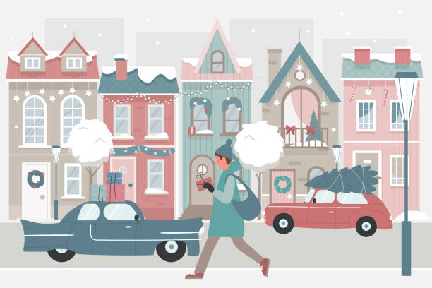 Woman walking with Christmas gifts on snow winter street Woman walking with Christmas gifts on snow street vector illustration. Cartoon snowy festive cityscape with female character holding gift box present after shopping on winter holiday sales background holiday shopping stock illustrations