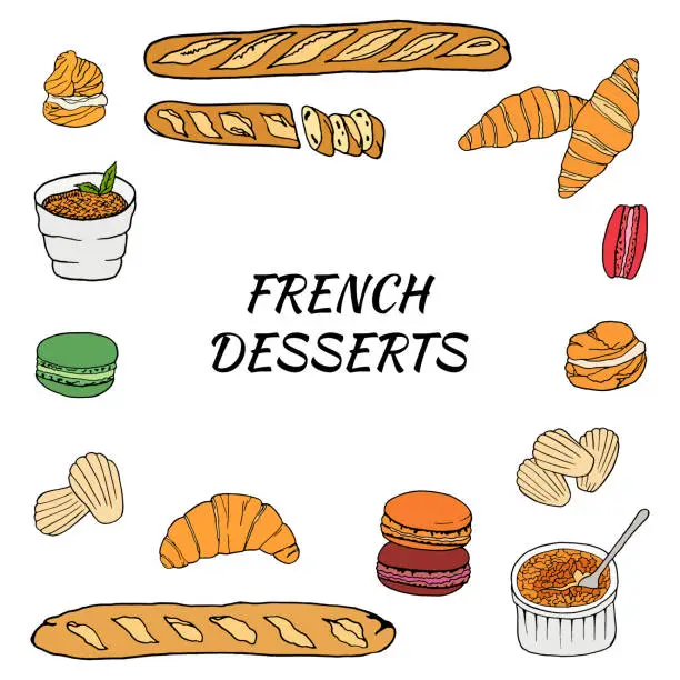 Vector illustration of Vector hand drawn of french desserts set with croissant, macaron, creme brulee, madeleine, profiterole, baguette. Design sketch element for menu cafe, bistro, restaurant, bakery and packaging. Illustration on a white background.