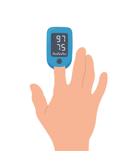 ilustrações, clipart, desenhos animados e ícones de pulso oximeter no dedo. dispositivo digital para medir a saturação de oxigênio. - pulse oxymeter