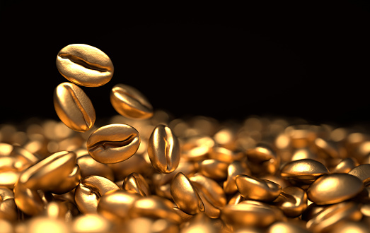 Golden coffee beans 3d rendering background. Top view. Masses of falling coffee beans close up.