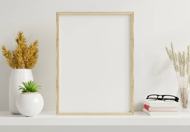 istock Home interior poster mock up with vertical gold frame with ornamental plants in pots on empty wall background. 1288925891