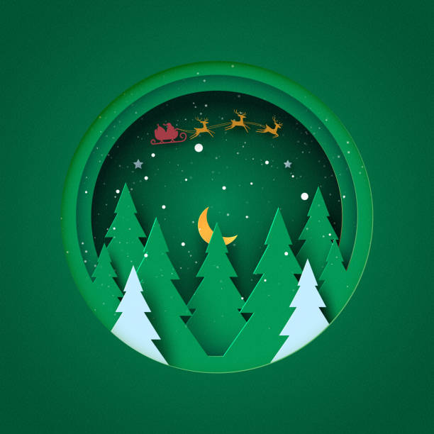 ilustraciones, imágenes clip art, dibujos animados e iconos de stock de feliz navidad y feliz concepto de año nuevo. paisaje de invierno en círculo verde decorado con árbol de navidad,estrellas y santa claus. - papercraft