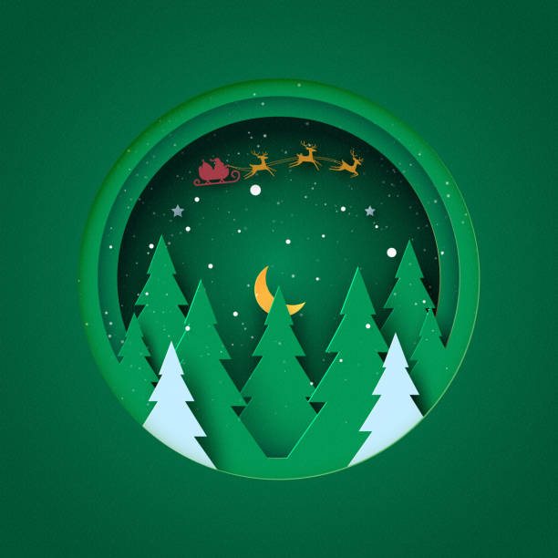 stockillustraties, clipart, cartoons en iconen met vrolijk kerstfeest en gelukkig nieuwjaarsconcept. het landschap van de winter in groene cirkel die met kerstboom, sterren en de kerstman wordt verfraaid. - funny image
