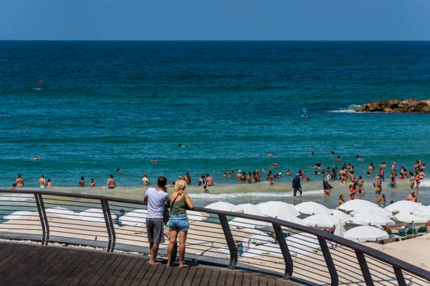 dois turistas que observam turistas e moradores estão nadando no mar mediterrâneo passando suas férias na praia de tel aviv, israel, em um dia ensolarado. - israel tel aviv skyscraper seascape - fotografias e filmes do acervo