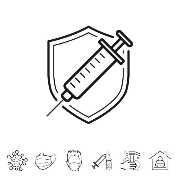 Vaccine - Protect with vaccination. Line icon - Editable stroke Vaccine - Protect with vaccination. Trendy icon isolated on white and blank background for your design. Includes 6 popular icons: - Coronavirus cell (COVID-19), - Medical or surgical face mask, - Man in medical face protection mask, - Vaccination - Syringe and vaccine vial, - Washing hands with soap and water, - Work from home. Vector Illustration (EPS10, well layered and grouped), easy to edit, manipulate, resize or colorize. And Jpeg file of different sizes. syringe stock illustrations