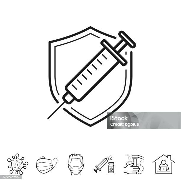 疫苗 接種疫苗保護線條圖示 可編輯描邊向量圖形及更多注射疫苗圖片 - 注射疫苗, 圖示, 冠狀病毒