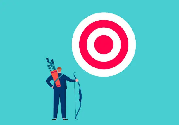 Vector illustration of Businessman carrying a quiver holding a bow and looking at the target ahead, business goal