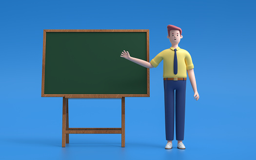 Cartoon characters standing near blackboard  and pointing something. business concept. 3d rendering,conceptual image.