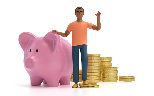 Cartoon characters sitting on a piggy bank. Earning, saving and investing money concept.  3d rendering,conceptual image