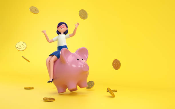 Cartoon characters sitting on a piggy bank. stock photo