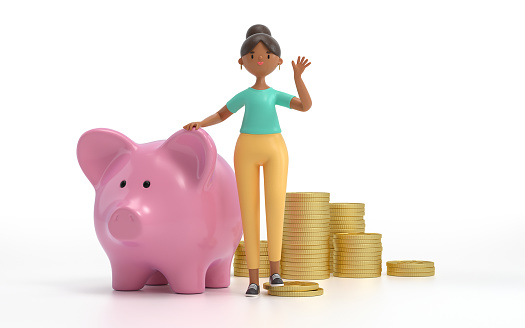 Cartoon characters sitting on a piggy bank. Earning, saving and investing money concept.  3d rendering,conceptual image