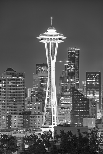 Seattle Washington - August 26th 2016 Its the symbolic monument, Space Needle and Seattle Skylines at the night, Downtown Seattle Washington.
