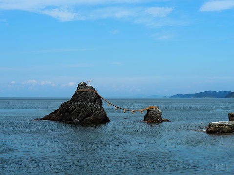 Sacred Meoto-Iwa (Married Couple Rocks) in the ocean. Futami Town, Ise City, Mie Prefecture, Japan.
