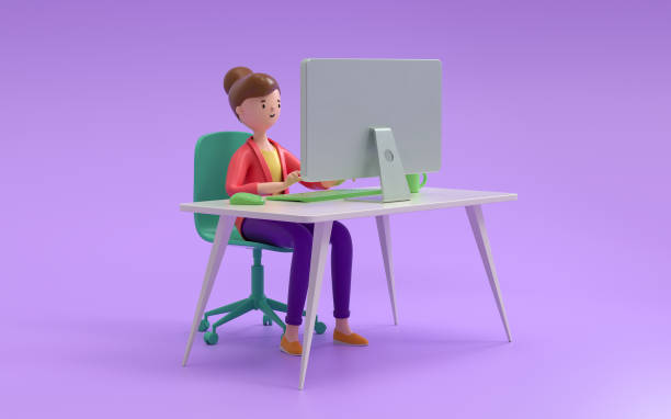 zeichentrickfiguren, die mit computer im büro arbeiten - cartoon 3d stock-fotos und bilder