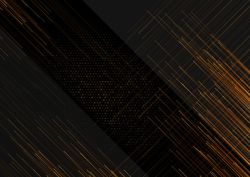 Black technology geometric background with golden dots and lines. Vector design
