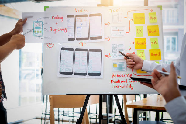 istock Group of designers work together to brainstorm, outline, and develop mobile applications. 1288938784