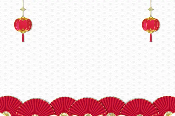 Vector illustration of Chinese new year background decorated with red hanging lanterns and fans at border on gray wave Chinese pattern