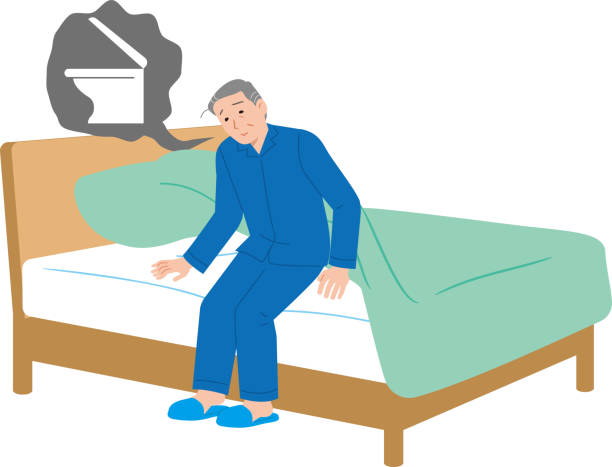 Elderly man who wants to go to the bathroom while sleeping Elderly man who wants to go to the bathroom while sleeping insomnia illustrations stock illustrations
