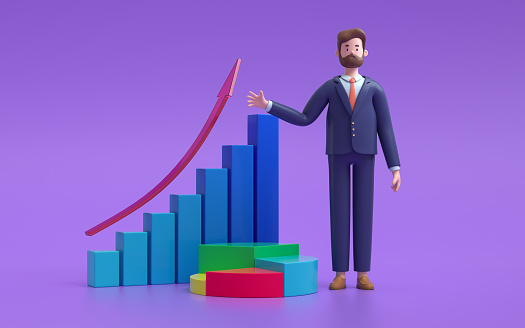Cartoon characters standing with a chart. financial and investing money concept.  3d rendering,conceptual image
