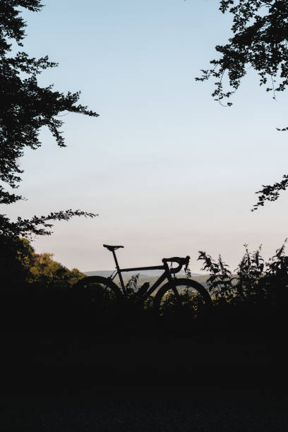 Silhouette of road bike framed by tree leaves Silhouette of road bike framed by tree leaves in Petersfield, England, United Kingdom petersfield stock pictures, royalty-free photos & images