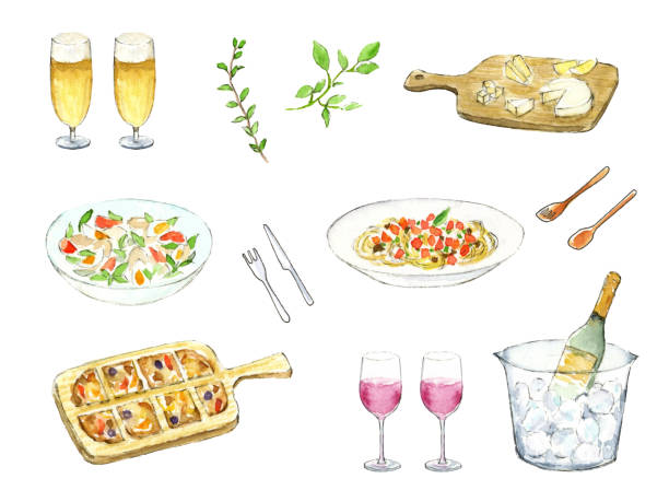 ilustraciones, imágenes clip art, dibujos animados e iconos de stock de conjunto de ilustración de acuarela de alcohol y cocina - italian cuisine food preparing food cheese