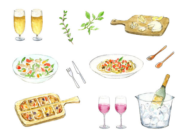 illustrazioni stock, clip art, cartoni animati e icone di tendenza di set di illustrazioni per alcolici e acquerelli da cucina - italian cuisine food preparing food cheese