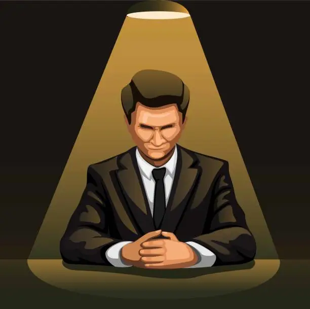 Vector illustration of Businessman portrait under spotlight in dark room for interrogation concept in cartoon illustration vector