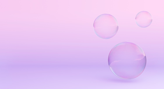 Abstract cosmetics background with pastel geometric shape. Soap bubble water aquarium with rainbow. 3d render for advertising banner. Realistic 3d pink balls. Creative ideas minimal.