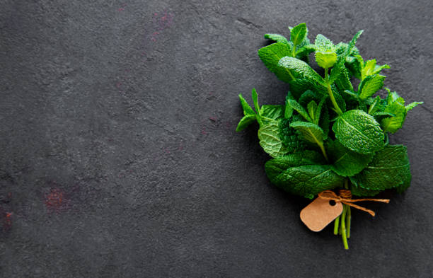 istock Fresh mint leaves herb on stone table. Top view 1288950168