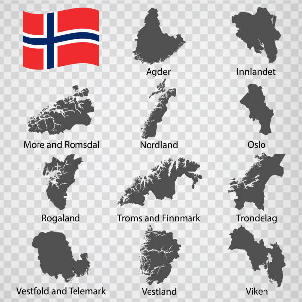 illustrations, cliparts, dessins animés et icônes de onze régions de cartes de la norvège- ordre alphabétique avec le nom. chaque carte du comté est répertoriée et isolée avec des formulations et des titres. norvège. eps 10. - map of norway