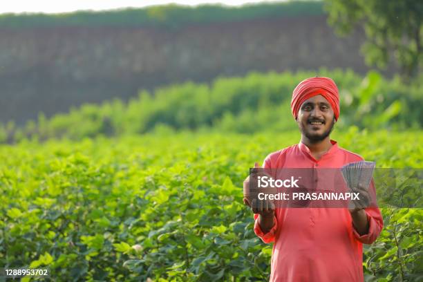 Young Indian Farmer Holding Clay Piggy Bank And Showing Money In Hand Stock Photo - Download Image Now