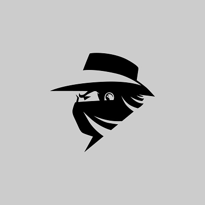 Cowboy masked outlaw side view portrait symbol on gray backdrop. Design element