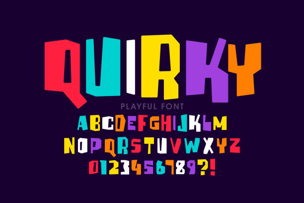 Quirky playful style childish font Quirky playful style childish font, alphabet letters and numbers vector illustration cartoon of a shapes stock illustrations
