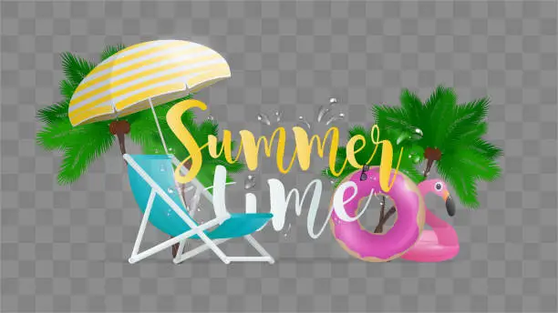 Vector illustration of Summer time. Beach chair and sun umbrella with yellow stripes. Palm trees and pink flamingo swimming circle. Beautiful inscriptions on the theme of summer and relaxation. Vector.