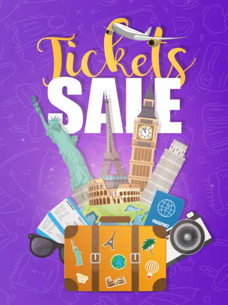 Vector illustration of Tickets sale banner. Landmarks of the world. Well illustrated posters and banners on the topic of tourism. Vector illustration.