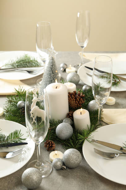 istock Concept of romantic New year table setting on gray table 1288959748