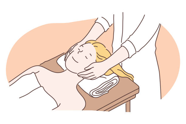 Cosmetology, dermatology, skincare concept Cosmetology, dermatology, skincare concept. Young smiling woman cartoon character getting procedure of beauty relaxing facial massage from beautician doctor in wellness salon for skin rejuvenation dermatologist stock illustrations
