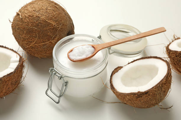 istock Fresh coconut and coconut milk on white background 1288960925
