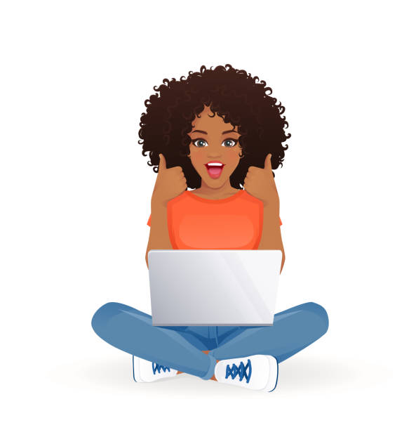 Excited woman with laptop Surprised excited african woman using laptop computer, showing thumbs up, sitting in lotus pose with crossed legs isolated vector illustration shocked computer stock illustrations