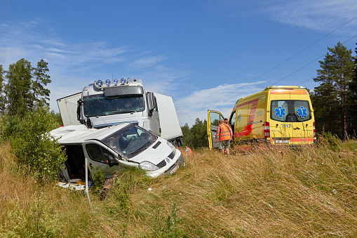 June 3, 2020, Latvia, Saulkrasti: van after a collision with a heavy truck, transportation background