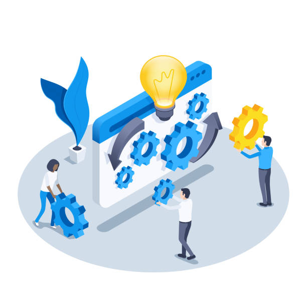 well-coordinated mechanism isometric vector illustration on a white background, people with gears next to the program window and a large luminous light bulb, well-coordinated mechanism facility management stock illustrations