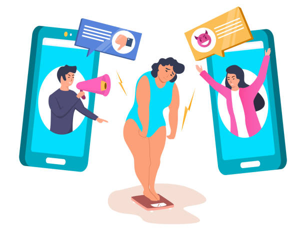 ilustrações de stock, clip art, desenhos animados e ícones de fat girl experiencing body shaming on social media, flat vector illustration. - mockery