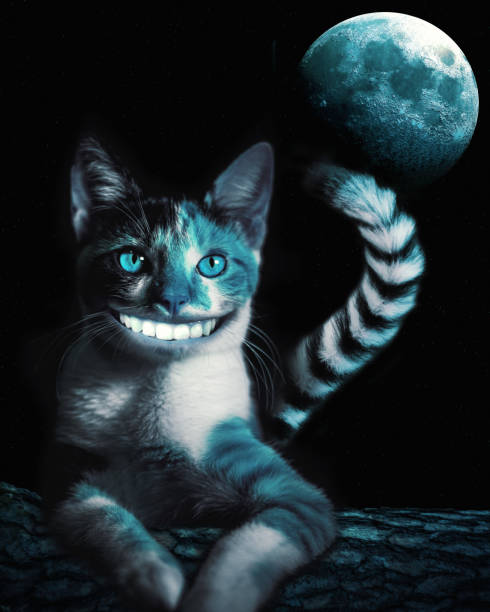 Cheshire Cat sitting on a branch, smile, dark night with giant moon